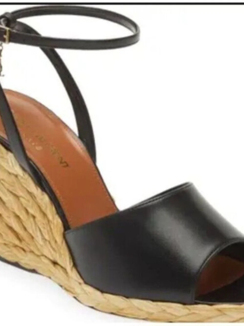 Yves Saint Laurent Black Leather Espadrille Wedge Sandals with Ankle Strap